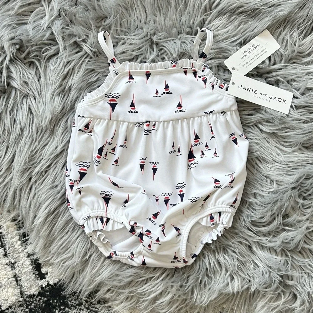 Janie And Jack Little Girls One Piece Sailboat Swimsuit SZ 6-12 Months NEW ($39)